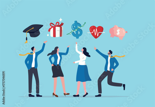 Employee benefits and compensation for staff advantage, reward or bonus payment to motivate employee concept, business people with benefits, scholarship, bonus, salary increase and health insurance