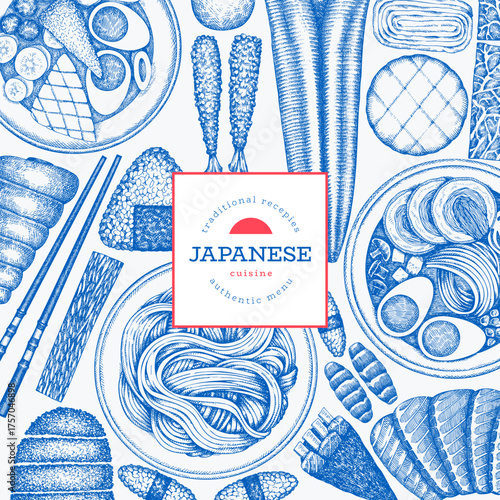 Japanese Cuisine Vector Design Template. Asian Dishes Hand Drawn Background. Retro Japan Traditional Food Illustration.