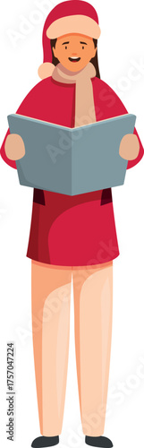 Choir singer wearing santa hat and red coat performing a christmas carol