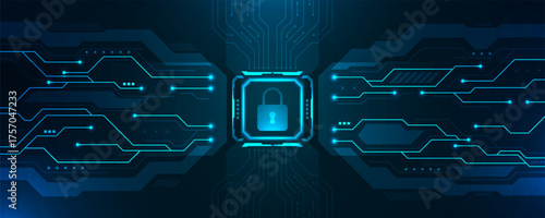 Futuristic cybersecurity technology background with glowing blue digital circuit lines and padlock icon representing data protection, privacy, encryption, and secure network systems.