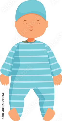 Adorable baby standing calmly, wearing a blue and white striped pajama and matching hat, evoking feelings of peace and tranquility