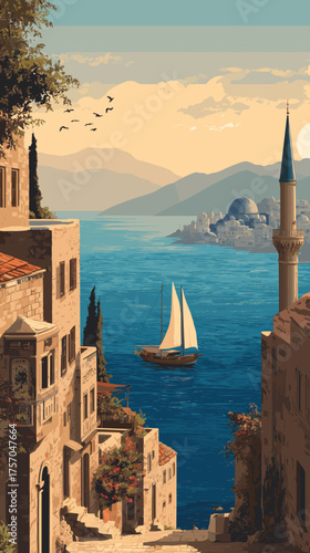  Cityscape of Bodrum, Turkey, attractive touristic advertisement poster, beautiful touristic must-see destination. Beautiful tourist destination, in eastern central europe. Historic buildings, mosque,