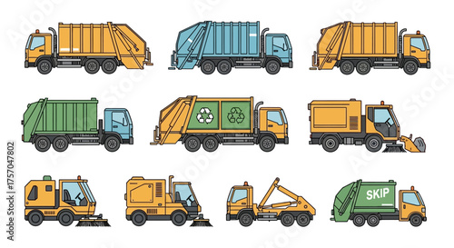 Nine colorful waste management trucks arranged in rows distinct types  colors