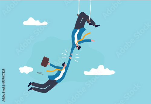 Trustworthy and honesty to believe in work together, integrity or trust for partnership, support and reliable to help success together concept, businessman acrobat hold hand tight by trusted partner