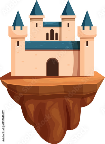 Stone castle with towers and blue roof standing on a floating island, fantasy illustration