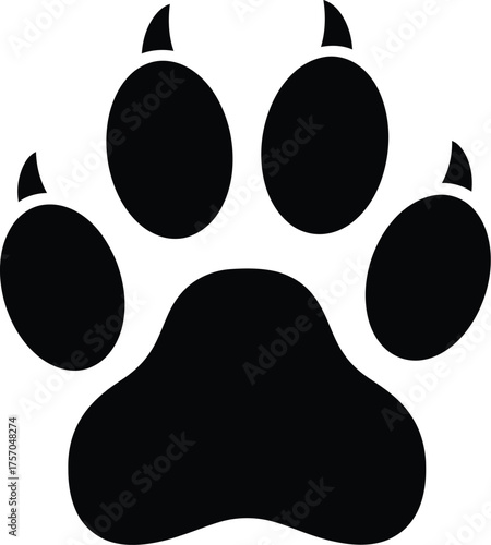 Black paw print with claws on a white background for animal lovers and pet enthusiasts looking for a simple and modern graphic element design