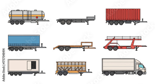 Nine trailers in a 3x3 grid tanker flatbed container curtain lowboy auto box livestock box truck