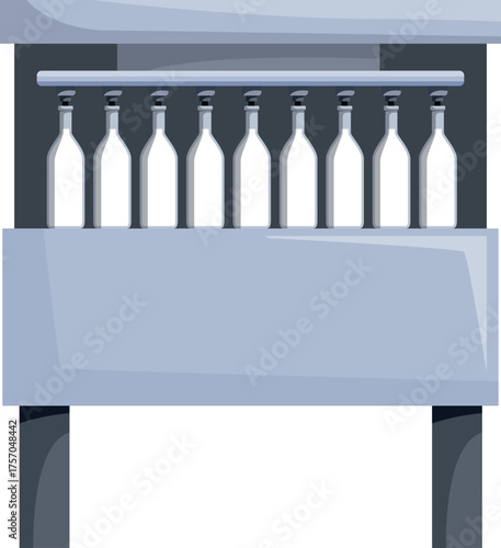 Empty glass bottles moving on a bottling machine, preparing for filling in a beverage production factory