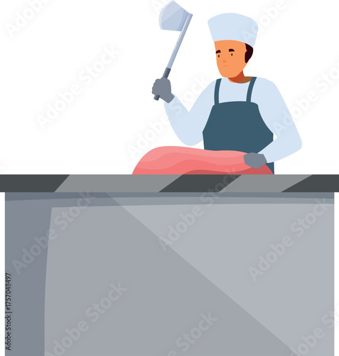 Butcher preparing meat with cleaver, professional at work in butchery