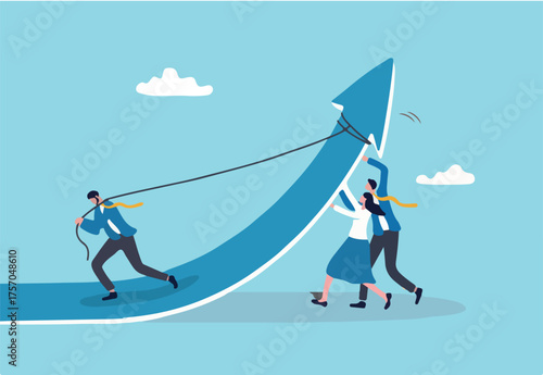 Effort to improve and grow business, teamwork or team collaboration to help pushing company to success, career growth or growing company concept, business people team help pushing arrow rising up