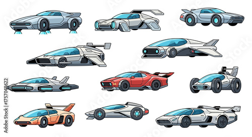 Pixel art depiction of nine distinct futuristic car designs