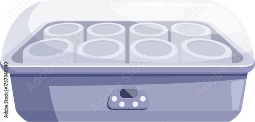 Yogurt maker incubating eight jars under a transparent lid, promoting healthy homemade snacks