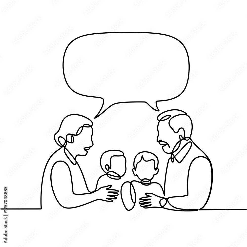 Fototapeta premium Continuous Line art man and woman talking to children