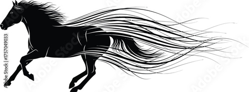 Elegant black horse silhouette running with flowing mane and tail against a white background conveying speed freedom and power in equine art