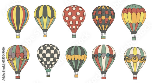 Ten hot air balloons with diverse vintagestyle patterns float arranged in two rows against a plain white background