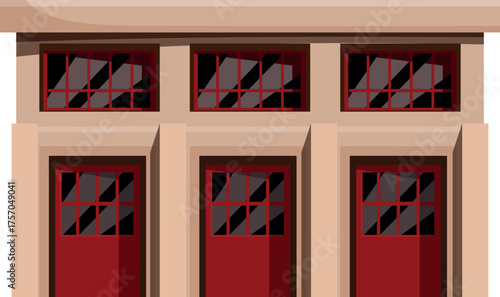 Fire station building with large red doors for fire trucks and windows, perfect for urban and emergency services illustrations