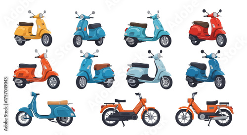 The image displays a collection of twelve colorful cartoonstyle scooters arranged in rows
