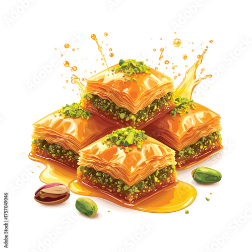 Stack of Golden Baklava Pastries with Pistachios and Honey Drizzle