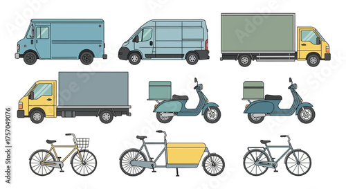 Transportation vehicles vans scooters bikes and trucks in a clean simple illustration style