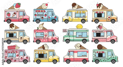 Twelve colorful ice cream trucks displayed with unique flavors toppings and themes