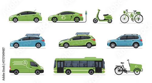 Various ecofriendly vehicles are depicted including cars bikes and a bus showcasing sustainable transportation options