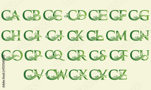 CA CB CC CD CE CF CG CH CI CJ CK CL CM CN CO CP CQ CR CS CT CU CV CW CX CY CZ. Initial Letter Logo with Green Leaf Vector, Eco Friendly Monogram for Nature Branding and Organic Business Identity.