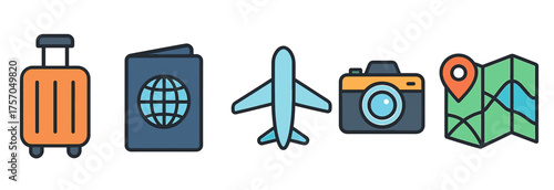 Travel icons: luggage, passport, airplane, camera, map for adventure planning