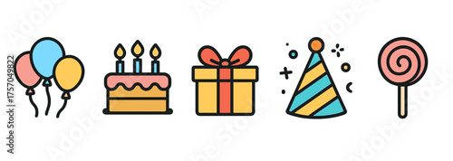 Colorful birthday icons with balloons, cake, gift, party hat, and lollipop