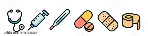 Medical icons: stethoscope, syringe, thermometer, pills, bandage, gauze roll