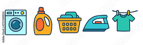 Laundry essentials: washing machine, detergent, basket, iron, drying shirt icons