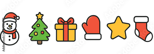 Festive christmas icons featuring snowman, tree, gift, mitten, star, and stocking