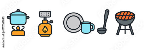 Collection of camping cooking icons: stove, pot, gas, plate, mug, ladle, grill