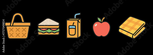 Picnic essentials icons featuring basket, sandwich, juice, apple, blanket