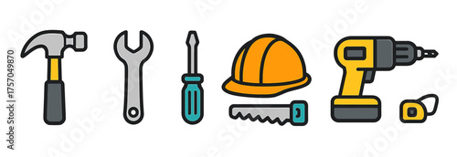 Construction tools icons: hammer, wrench, screwdriver, hard hat, saw, drill, tape measure