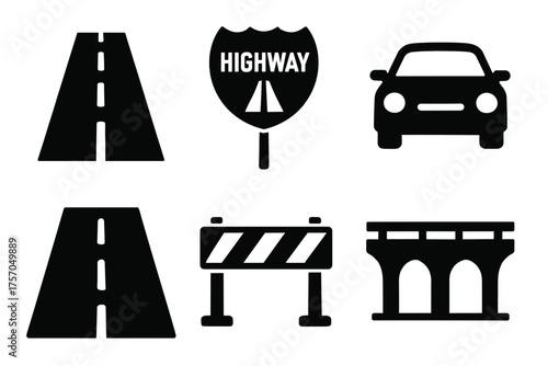 Highway and traffic icons: road, car, bridge, barrier, sign