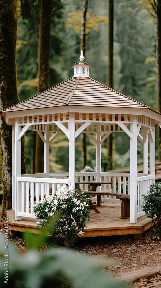 Fototapeta premium Serene forest gazebo surrounded by lush greenery and blooming flowers in a peaceful woodland setting during late spring