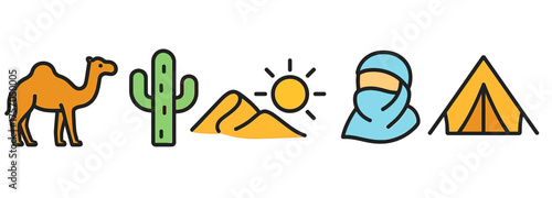 Desert adventure icons: camel, cactus, sun, nomad, tent illustrations