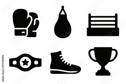 Boxing icons set: gloves, punching bag, ring, belt, shoe, trophy