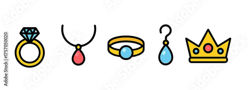 Collection of colorful jewelry icons: ring, necklace, bracelet, earring, crown