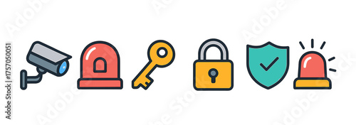 Security icons: cctv camera, alarm, key, padlock, shield