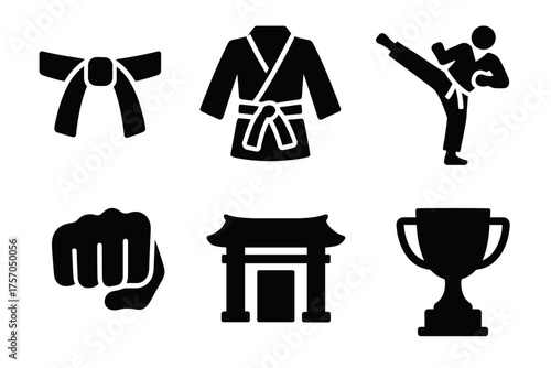 Martial arts icons: belt, gi, kicking, fist, torii, trophy silhouettes
