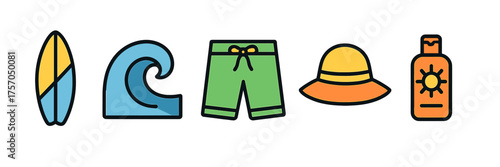 Colorful summer beach icons: surfboard, wave, shorts, hat, sunscreen