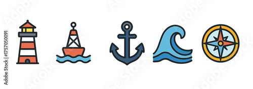 Nautical icons: lighthouse, buoy, anchor, wave, compass in minimalist design
