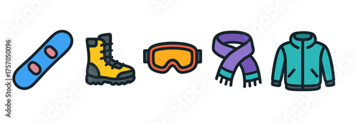 Winter sports gear illustration: snowboard, boots, goggles, scarf, jacket