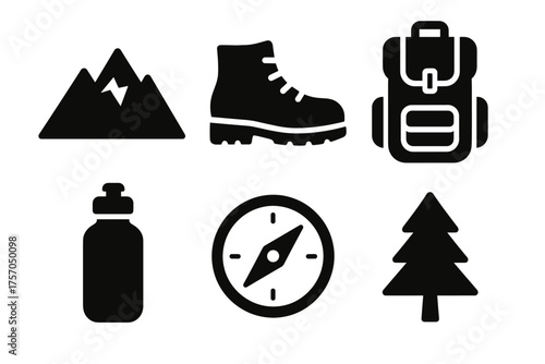 Outdoor adventure icons: mountain, boot, backpack, bottle, compass, tree