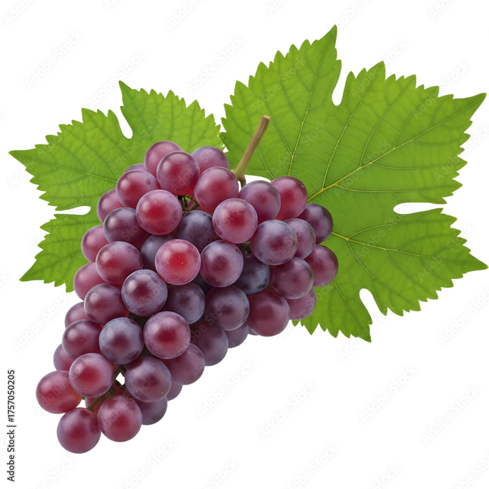 Fototapeta premium Ripe Red Grapes with Green Leaves on Black Background