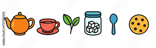 Tea time essentials: teapot, cup, leaf, sugar, spoon, cookie