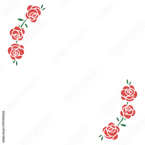 Red roses arranged in opposing corners creating a delicate floral frame on a white background design
