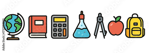 Colorful school supplies icons: globe, book, calculator, beaker, compass, apple, backpack