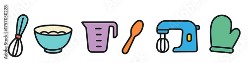 Colorful baking icons: whisk, bowl, measuring cup, spoon, mixer, oven mitt, rolling pins